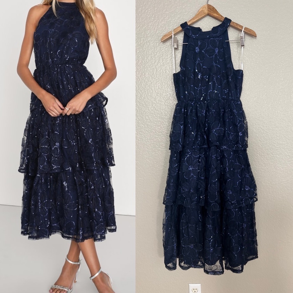 Blooming Glow Navy Blue Sequin Floral Tiered Halter Midi Dress